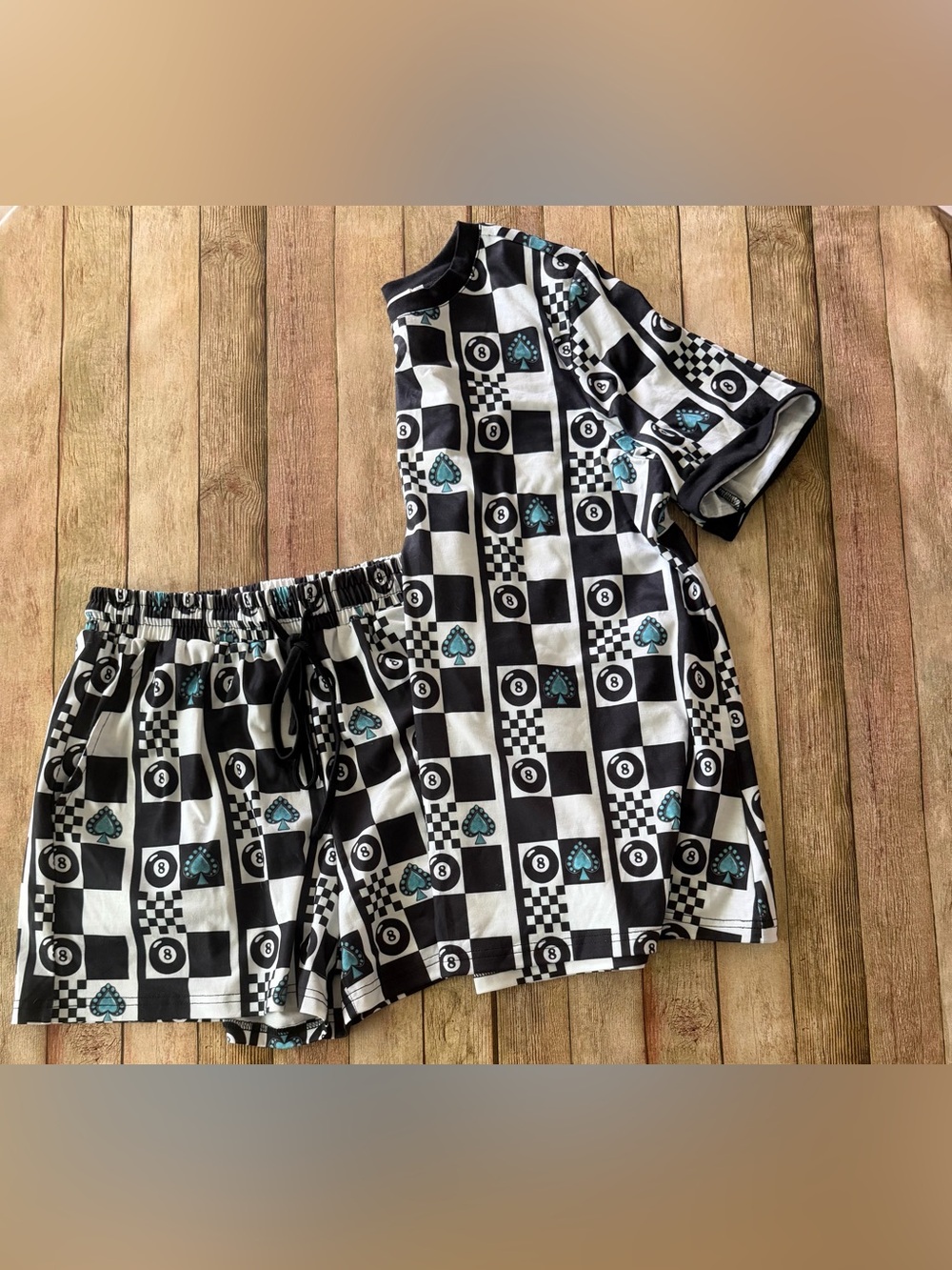 Checkerboard 8-Ball & Spade Lounge Set in Black, White & Teal Accents